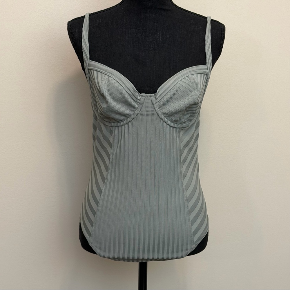 All Saints Yuni Rib Bodysuit Green Striped Spaghetti Strap Herringbone Underwire